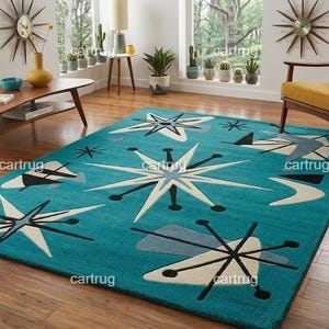Mid Century Modern Rug, Atomic Starburst Area Rug, Turquoise Blue Geometric Carpet, Retro Living Room Rug, Handmade Statement Floor Decor.