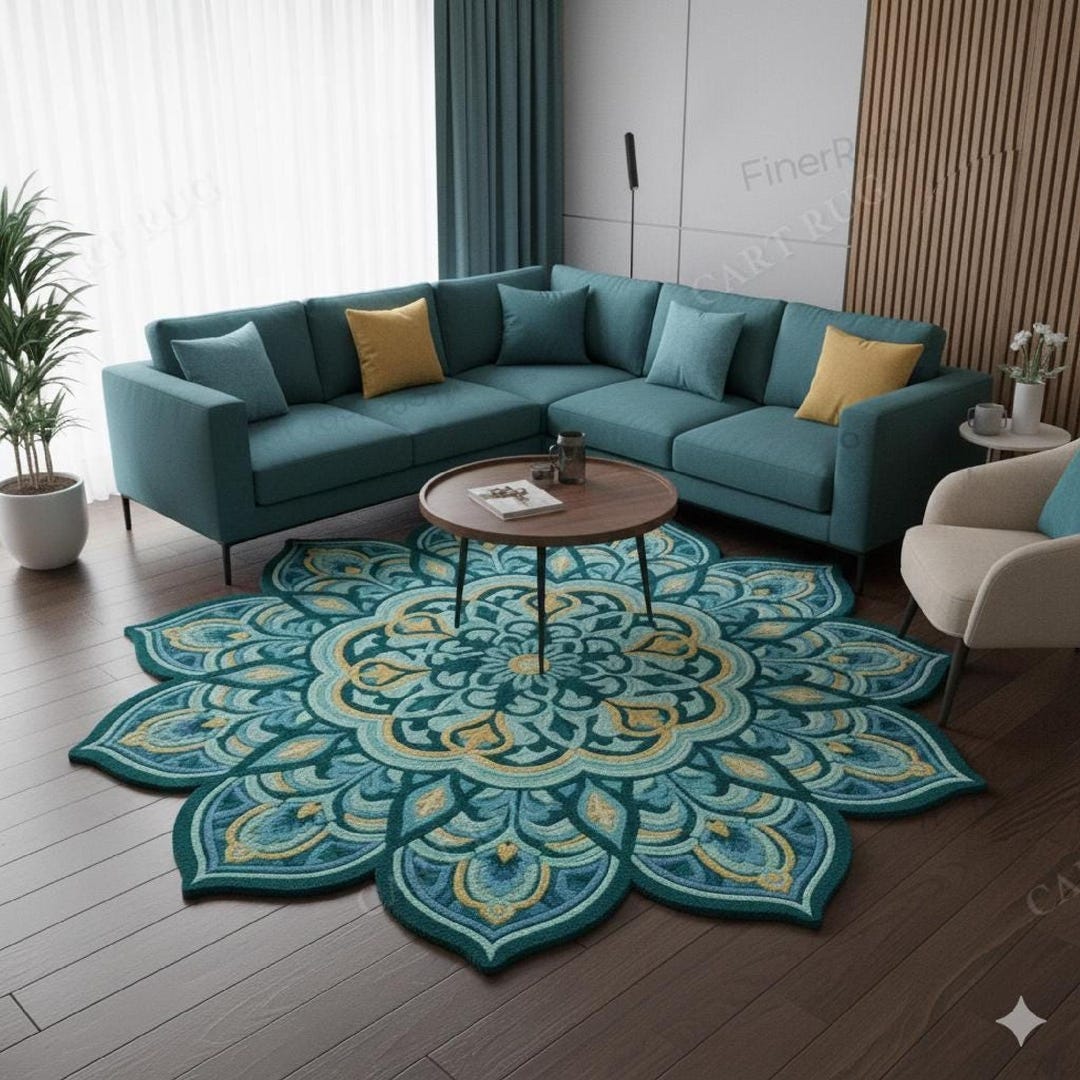 Rangoli Green and Blue Floral Hand Tufted Wool Rug, Made to Order in ...