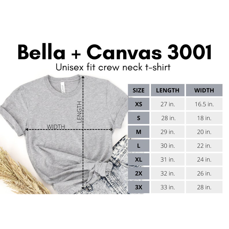 May include: A grey unisex crew neck t-shirt with a size chart showing measurements in inches. The chart shows the length and width of the shirt in sizes XS, S, M, L, XL, 2X, and 3X.