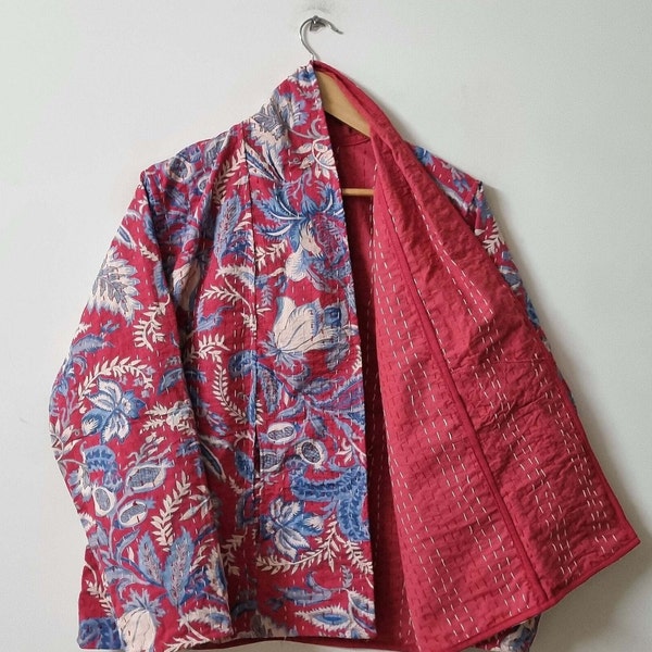Red Floral Kantha Jacket, Indian Block Print Cotton Kantha Jacket, Handmade Kantha Coat, Unisex Coat, Kantha Short Jacket, Gift For Mom