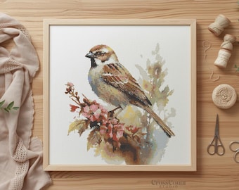 Sparrow Bird Cross Stitch Pattern Floral Spring Bird PDF Embroidery Pattern Nature Wildlife Counted Cross Stitch Design