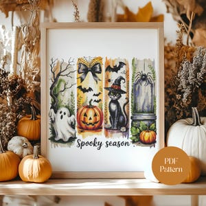 Halloween Cross Stitch Pattern: Spooky Black Cat, Pumpkin, Ghost (PDF Digital Download)