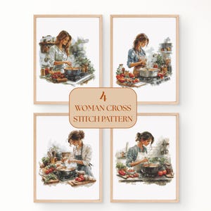 Op de afbeelding: Vier ingelijste aquarelprints tonen een vrouw die in een keuken kookt. De vrouw roert in een pan op een fornuis, omringd door groenten en potten. De tekst op de afbeelding luidt "4 WOMAN CROSS STITCH PATTERN". De prints zitten in houten frames.