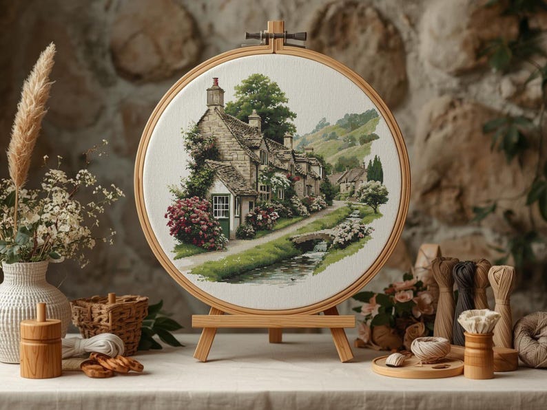 May include: A framed embroidery hoop featuring a detailed landscape scene of quaint cottages along a stream. The artwork is displayed on a small wooden easel. The scene includes lush greenery, a small bridge, and a stone wall background.