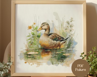 Kreuzstichmuster Ente - Realistischer Wasservogel PDF Design | Stickvorlage für Ente am Teich mit Blumen und Spiegelungen