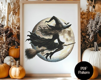 Gothic Cross Stitch Pattern Witch on Broom: Spooky Halloween Embroidery (PDF Download)