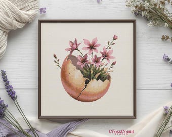 Easter Egg Flowered Cross Stitch Pattern Floral Egg Design Spring Flowers Botanical Embroidery Chart PDF Instant Download