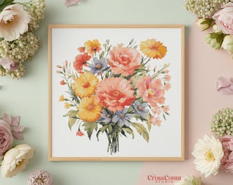 Floral Bouquet Cross Stitch Pattern Pastel Garden Flowers Botanical Needlework Chart Flower Embroidery PDF Instant Download