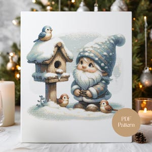 Winter Gnome Cross Stitch Pattern: Christmas Birdhouse Snow Scene (PDF Download)