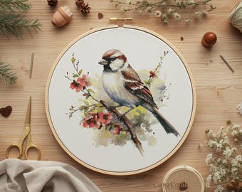 Birding Cross Stitch Pattern Sparrow on Branch Floral Needlework Chart Nature Embroidery Design PDF Instant Download