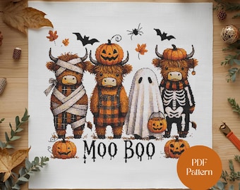Halloween Highland Cow Cross Stitch Pattern: Spooky Moo Boo Farm Animal Costumes (PDF Pattern)
