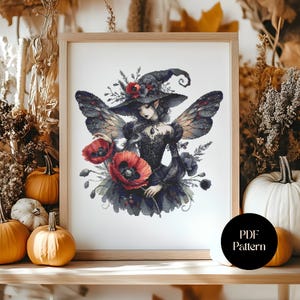 May include: A framed cross-stitch pattern depicting a fairy with dark hair, wings, and a witch's hat, holding red poppies. The artwork is set against a white background, with a black circle that says "PDF Pattern".