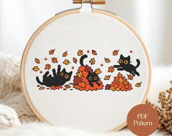 Herfst katten kruissteekpatroon klein: speels Halloween-borduurontwerp (pdf-patroon)