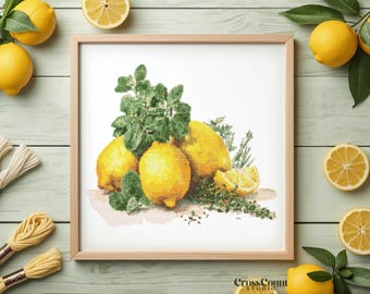 Lemon Cross Stitch Pattern Printable PDF Citrus Still Life Embroidery Chart Kitchen Decor Fruit Needlework Design