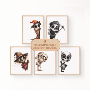 May include: Five framed watercolour illustrations of Halloween characters, including a scarecrow, mummy, skeleton, grim reaper, and a creature wearing a witch's hat. The text on the image reads "5 Peeking Halloween Cross Stitch Pattern."