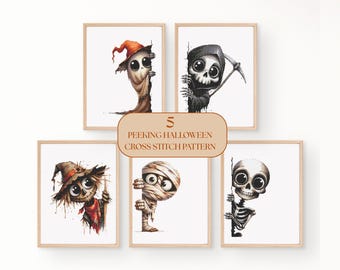 Peeking Halloween Cross Stitch Pattern Set PDF Cute Ghost Skeleton Mummy Scarecrow Grim Reaper Embroidery Spooky PDF Download