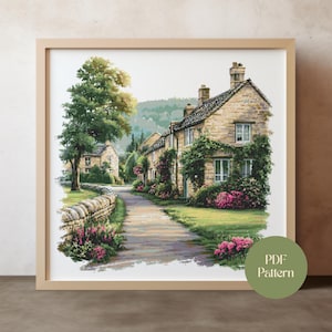 English Village Cross Stitch Pattern House PDF Country Cottage Garden Landscape with Flowers Nature Scene Full Coverage DMC Chart