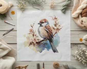 Bird Cross Stitch Pattern Sparrow Spring Blossom Floral Branch Needlework Chart Nature Embroidery PDF Instant Download