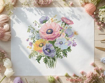 Floral Bouquet Cross Stitch Pattern Pastel Wildflowers Botanical Needlework Chart Flower Embroidery PDF Instant Download