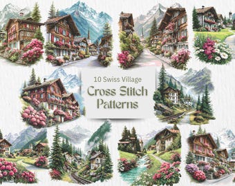 Mountain Village Cross Stitch Pattern Bundle Mountain Chalet Landscape Floral Valley Scene PDF Download