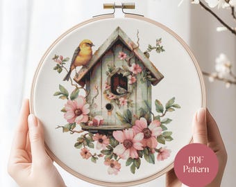 Floral Birdhouse Cross Stitch Pattern: Floral Spring Cottage Garden Needlework (PDF Pattern)