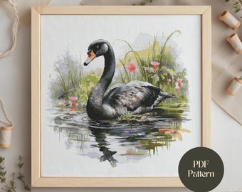 Swan Bird Cross Stitch Pattern: Serene Lake Scene with Flowers & Grass (PDF Download)