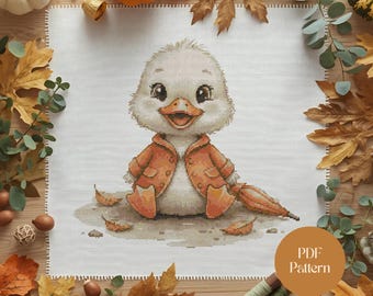 Cute Duckling Cross Stitch Pattern Birding PDF: Autumn Animal Embroidery Design | Cozy Fall Baby Duck Needlework Decor (PDF Download)
