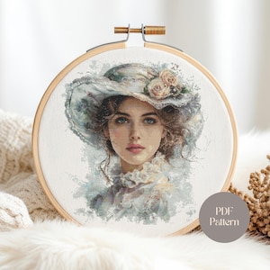 Victorian Lady Cross Stitch Pattern Elegant Woman PDF Portrait Embroidery Chart Full Stitch Romantic Vintage Hat Flowers DIY Decor
