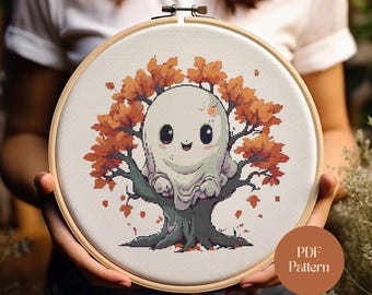 Sött spökekorsstygnsmönster Halloween höstträd broderi höstspöke stygndiagram mysig läskig dekor PDF-mönster direkt nedladdning