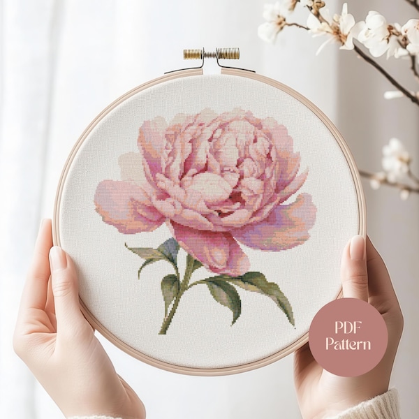 Peony Cross Stitch Pattern: Floral Embroidery Design (Digital Download)
