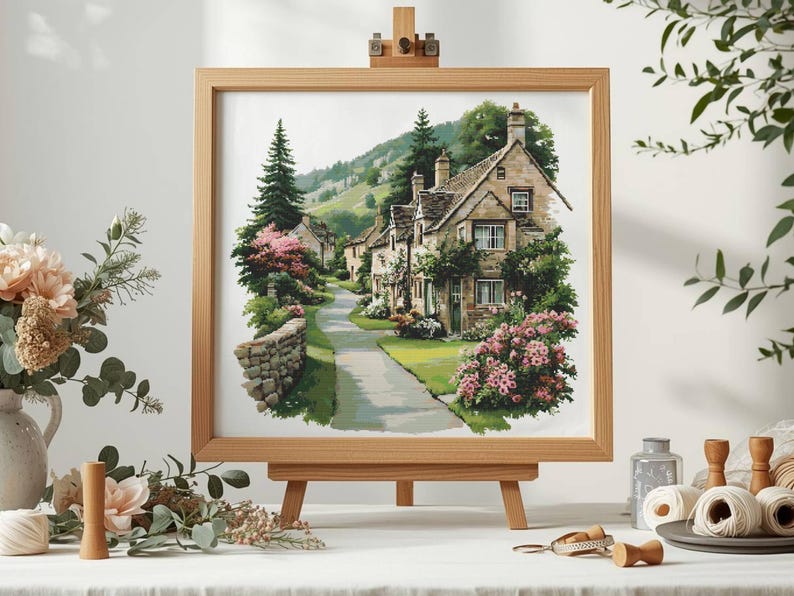 May include: A framed watercolor print of a quaint village scene. The artwork depicts stone houses with green foliage, a winding road, and a stone wall. Pink flowers and a tall evergreen tree add color to the landscape. The print is displayed on a wooden easel.