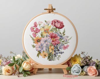 Bouquet Flowered Cross Stitch Pattern Printable PDF Rose Lily Wildflower Embroidery Chart Botanical Needlework Wall Art
