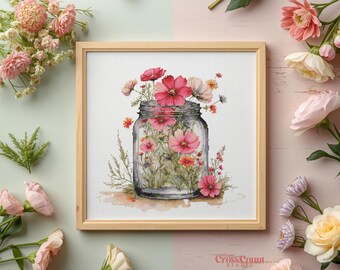 Floral Mason Jar Cross Stitch Pattern Wildflower Bouquet PDF Vintage Flower Embroidery Chart