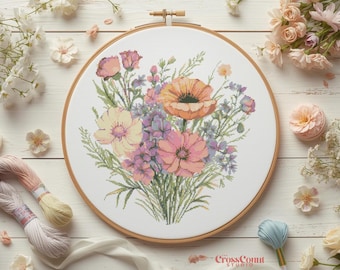 Wildflower Cross Stitch Pattern Buoquet Floral Garden Flowers Needlework Chart Instant Download PDF