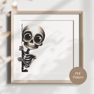 Peeking Skeleton Cross Stitch Pattern: Spooky Halloween Skull (PDF Digital Download