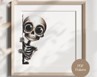 Peeking Skeleton Cross Stitch Pattern: Spooky Halloween Skull (PDF Digital Download