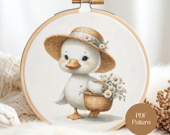 Baby Goose Cross Stitch Pattern: Floral Hat, Nursery Art (PDF Download)