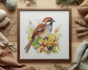 Autumn Bird Cross Stitch Pattern: Floral Songbird Embroidery, Cozy Blooming Birdie Chart, Fall Woodland Animal (PDF Digital Download)