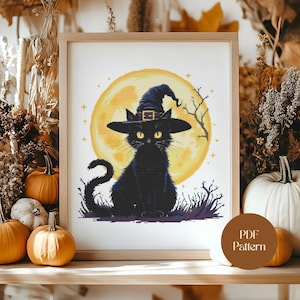 Halloween Black Cat Cross Stitch Pattern: Witch Hat, Full Moon (Instant Digital Download)