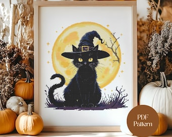 黒猫のクロスステッチパターン、ハロウィン魔女猫の刺繍、簡単な魔女の