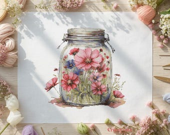 Floral Mason Jar Cross Stitch Pattern Wildflower Bouquet PDF Chart Cottage Garden Flower Embroidery Design Digital Download