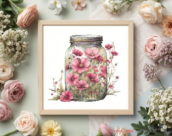 Mason Flower Cross Stitch Pattern Pink Wildflower Bouquet PDF Chart Cottage Garden Flower Embroidery Design