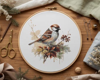 Birding Cross Stitch PDF Pattern Bird Sparrow Autumn Leaves Floral Branch Needlework Chart Nature Embroidery PDF Instant Download