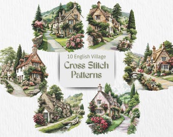 English Cottage Cross Stitch Bundle Village House Garden Scenes Floral Country Home Embroidery Set (PDF Download)