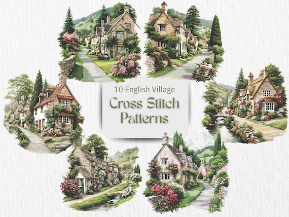 English Cottage Cross Stitch Bundle Village House Garden Scenes Floral Country Home Embroidery Set (PDF Download)