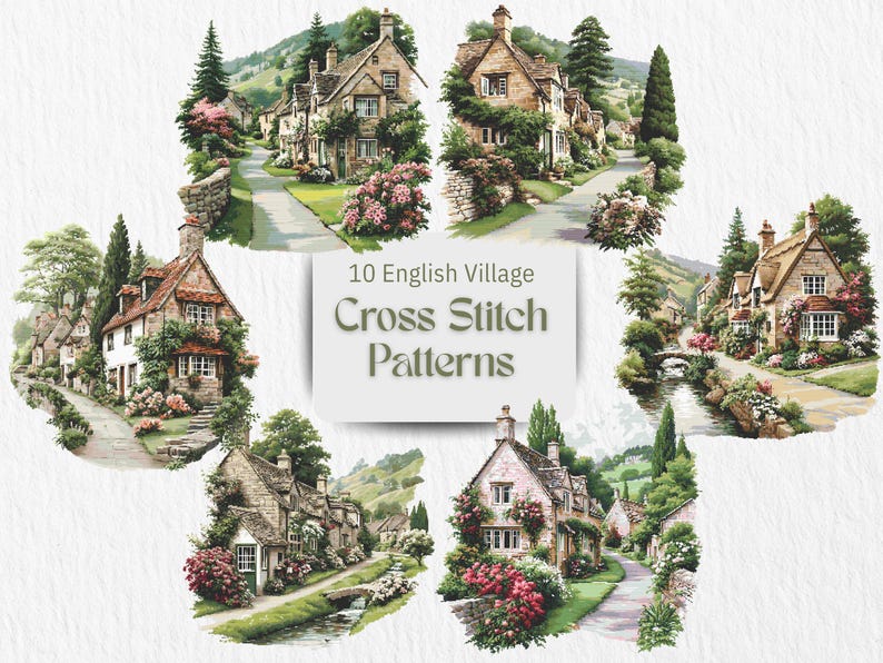 Bundle of ten English village cottage house cross stitch designs featuring charming country homes surrounded by flowers, gardens, and trees. This countryside embroidery set uses full cross stitches and rich color detail, ideal for classic home decor, landscape stitching, and traditional cottage themed needlework projects.
