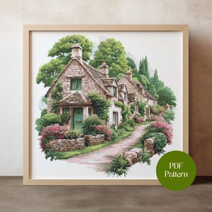 Wzór haftu krzyżykowego English Village w formacie PDF | Natychmiastowe pobranie cyfrowe | Haft krzyżykowy Countryside Scene | Punto de Cruz