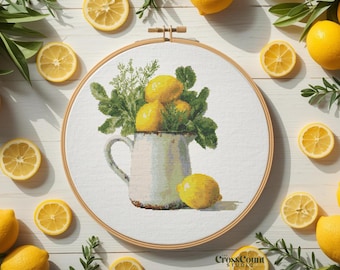 Lemon Cross Stitch Pattern Printable PDF Lemon Pitcher Still Life Citrus Kitchen Decor Embroidery Chart Farmhouse Design