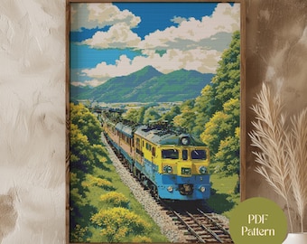 Patrón de punto de cruz de tren: Bordado de ferrocarril con paisaje de montaña (gráfico en PDF, descarga instantánea)