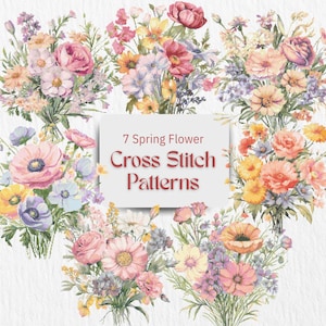 Pode incluir: Ilustração em aquarela de sete buquês de flores da primavera em tons de rosa, amarelo e roxo. Os buquês circundam um retângulo branco com o texto "7 Spring Flower Cross Stitch Patterns" em vermelho.